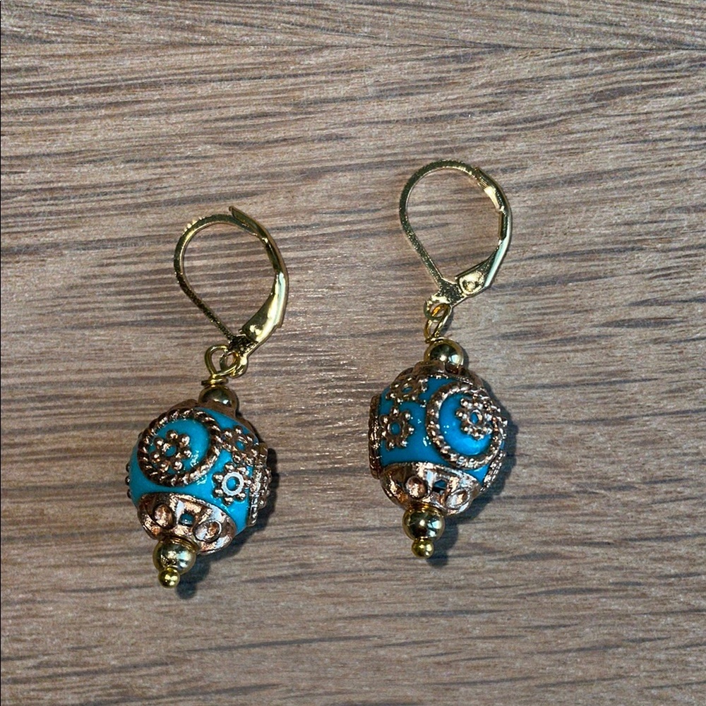 HAND CRAFTED PIERCED DROP EARRINGS Blue  Gold  Embellished
